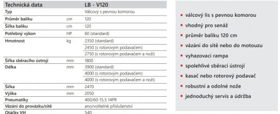 Technické parametry lisu LB - V120. Zdroj foto - tisková zpráva Strojírny Rožmitál