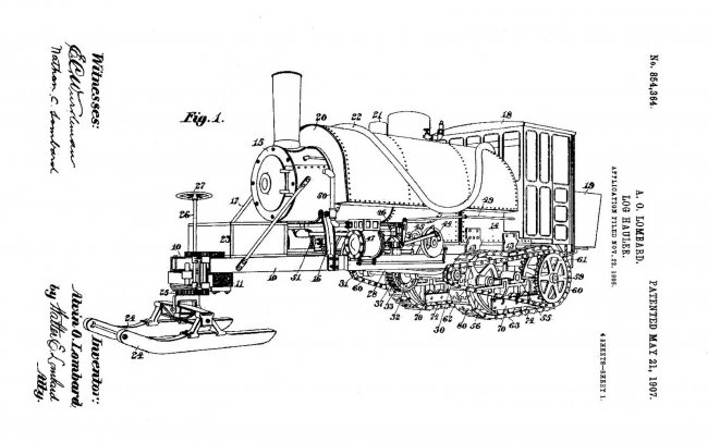 Patentový výkres z roku 1907 pro kompletní traktor. Vnější převodový řetěz byl později přesunut dovnitř.